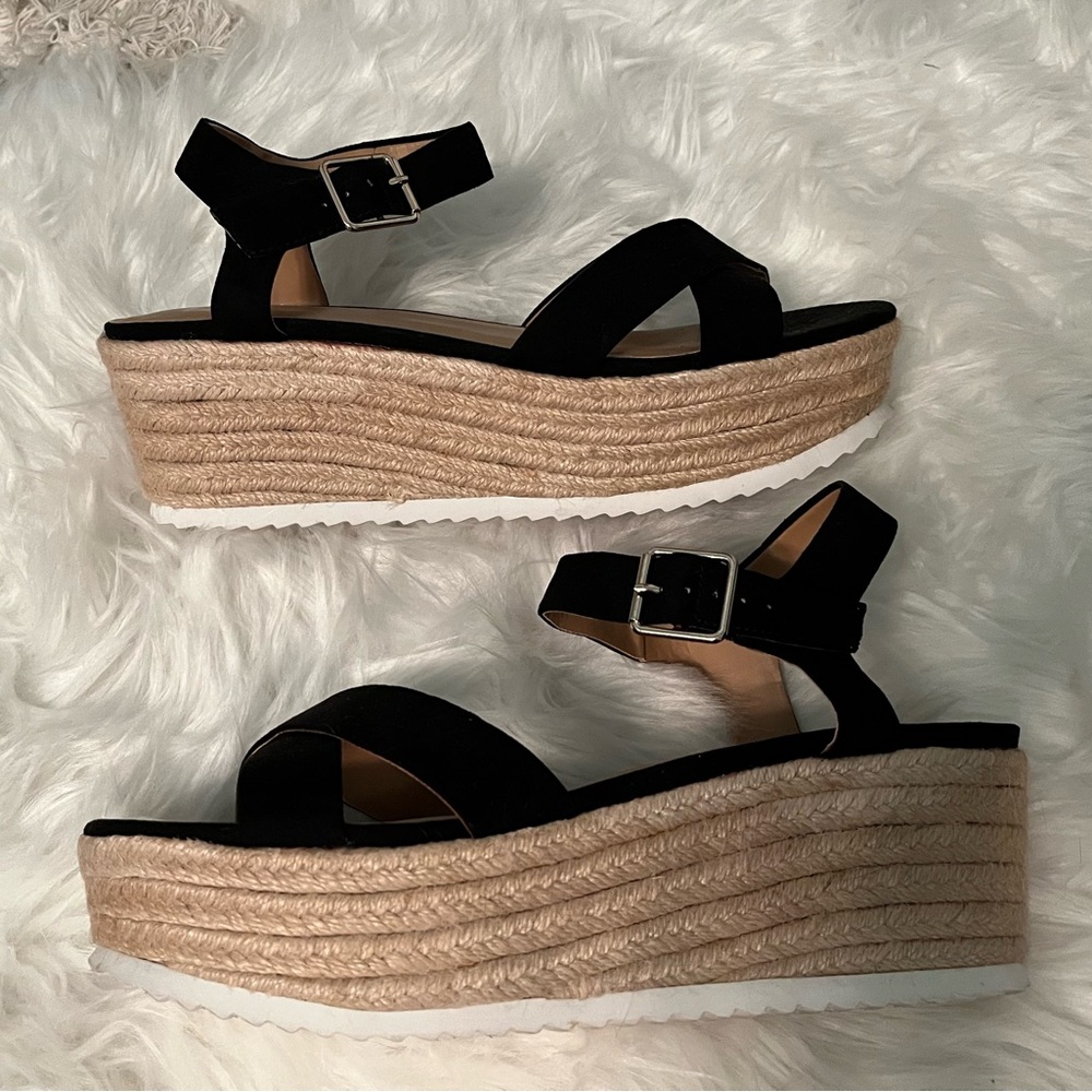 Black Platform Espadrille Wedge Sandals